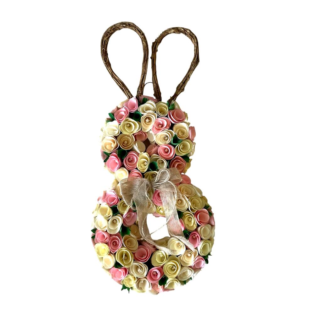 Bunny Shaped Wood Curl Floral Wreath 24in Pink & Yellow Easter Spring Decor NEW